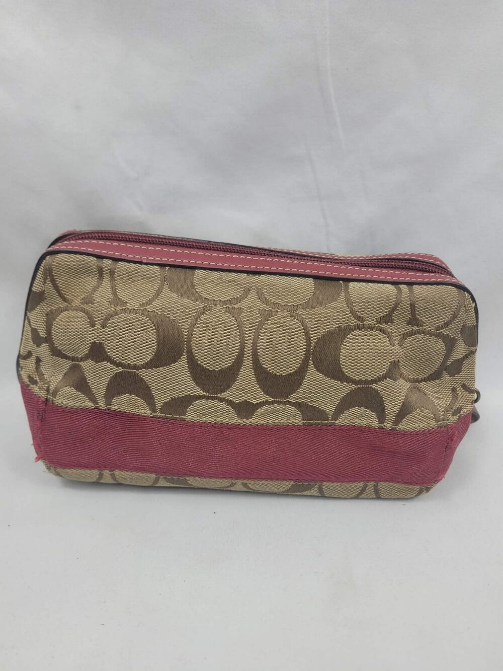 Vintage COACH Small Makeup Bag Purse Signature Brown & Red Trim